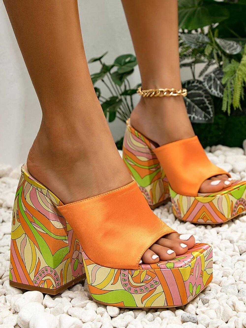 Women's Orange Chunky Platform High Heels Square Open Wedge Sandals Shoes - Picture 4 of 7